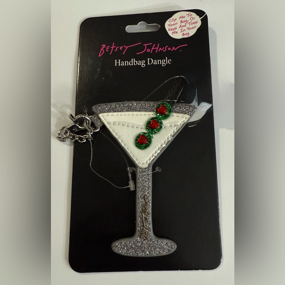 Betsey Johnson Silver and White Glitter Martini Handbag Dangle Charm NWT